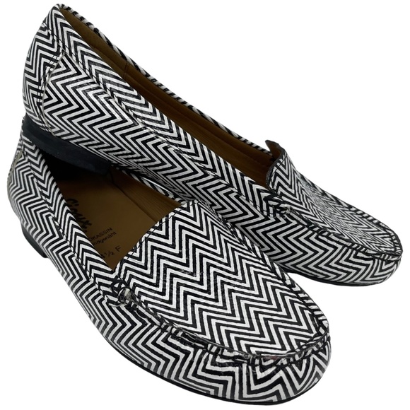 SOLD Sioux Mocassin Black White Loafers Chevron Print Flats Women UK 4.5 US 6.5 - Picture 2 of 9